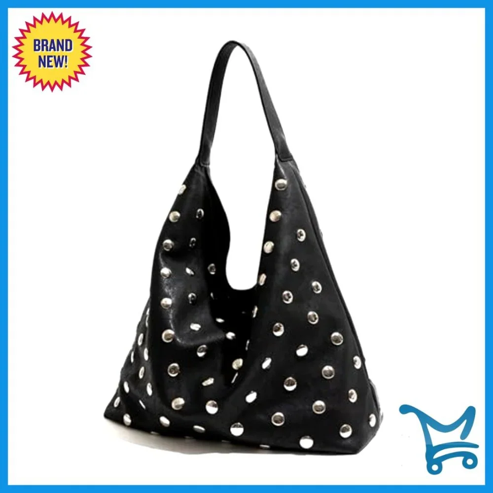 Studded Vegan Leather Hobo Shoulder Bag Tote Purse Large Capacity - Picture 3 of 7